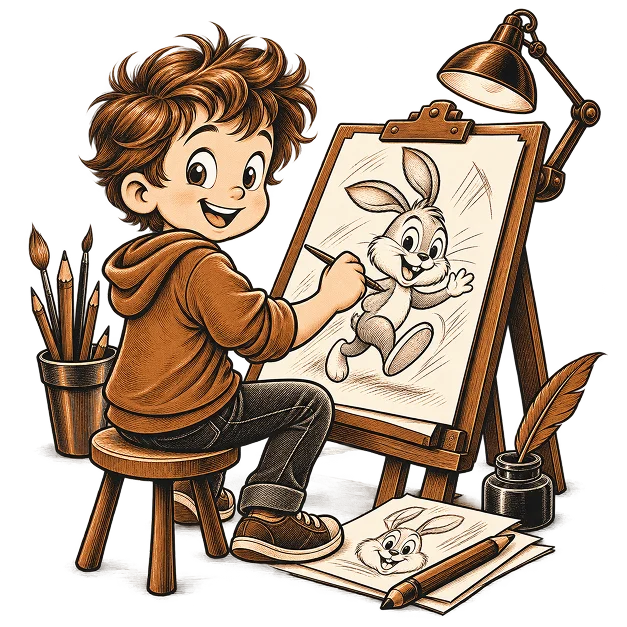 An illustrator at an easel drawing a cartoon rabbit character under a lamp