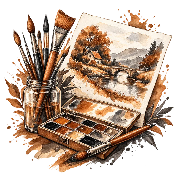 A watercolour painting of a landscape beside a paintbox, brushes and washes of colour