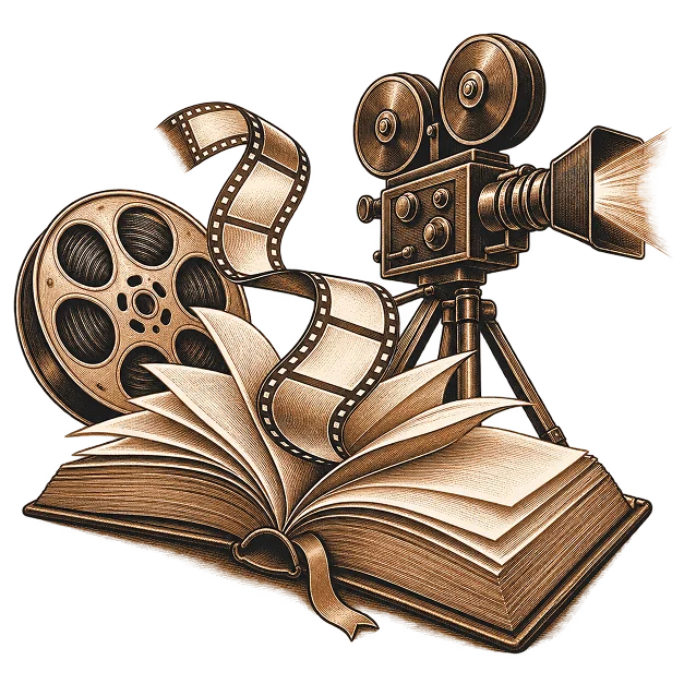 A film projector and reel beside an open book, drawn in line and shading