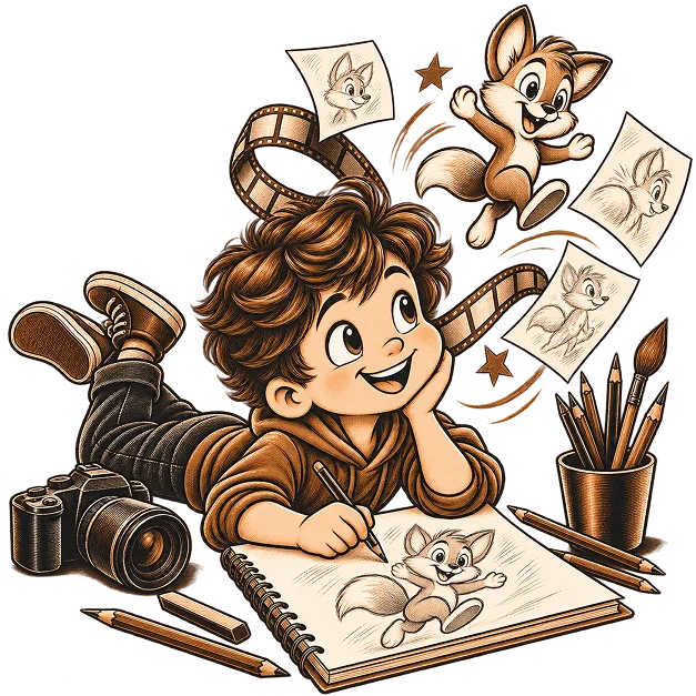 A young illustrator sketching a fox character, with drawings and film strip around them