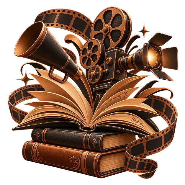 A film camera, reel and spotlight rising from an open book in polished 3D