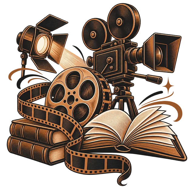A film reel, camera and spotlight in flat shapes beside an open book
