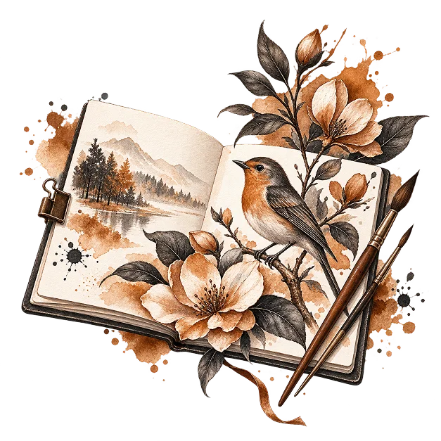 A watercolour sketchbook open at a landscape and a bird study, beside two brushes