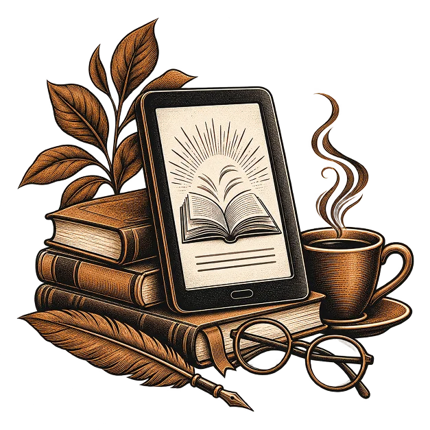 A black and white illustration placed on an e-reader page beside printed volumes