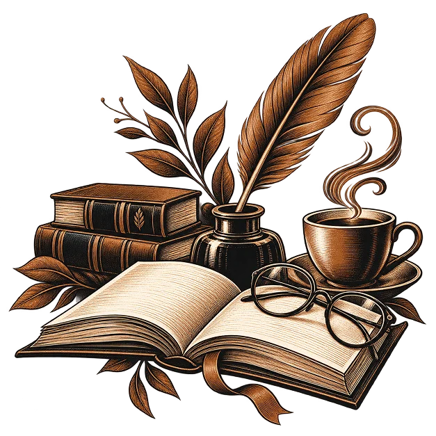 An open book marked up for revision beside a quill, inkwell and reading glasses