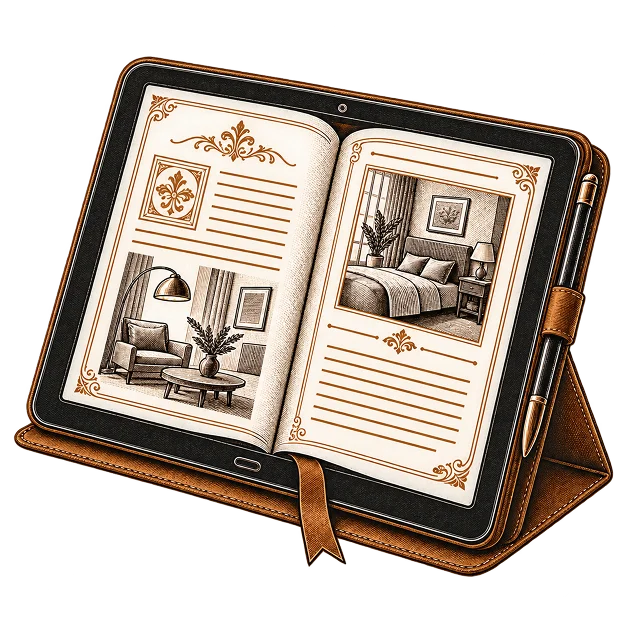 A book interior laid out on a tablet, its pages set with even margins and framed illustrations