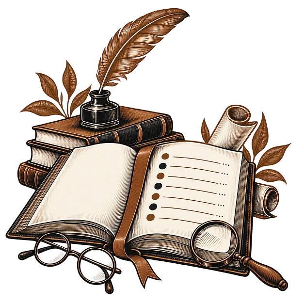 An open book showing a bulleted contents list, with a magnifier, quill and reading glasses