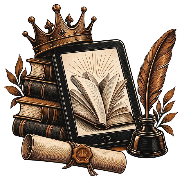 A crowned stack of books beside an e-reader, a sealed scroll and a quill in its inkwell