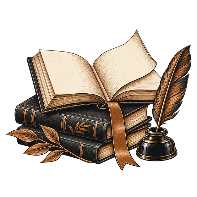 An open book resting on a stack of bound volumes, with a ribbon marker and inkwell