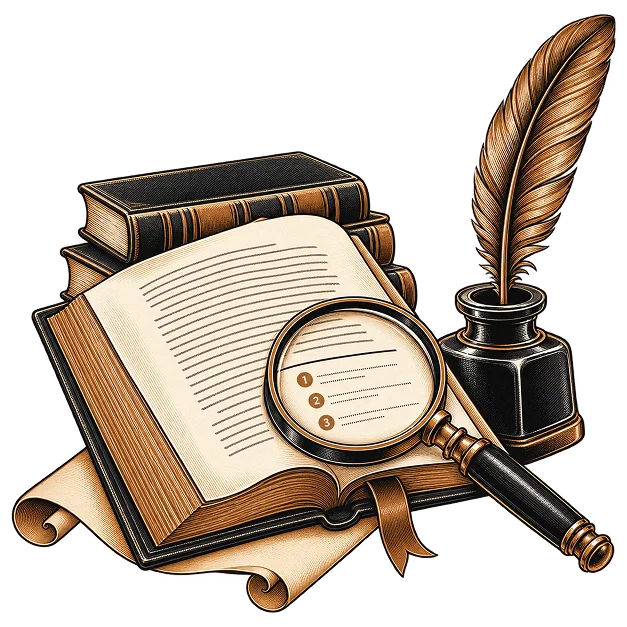 A magnifier over numbered notes at the foot of an open page, beside a quill and inkwell