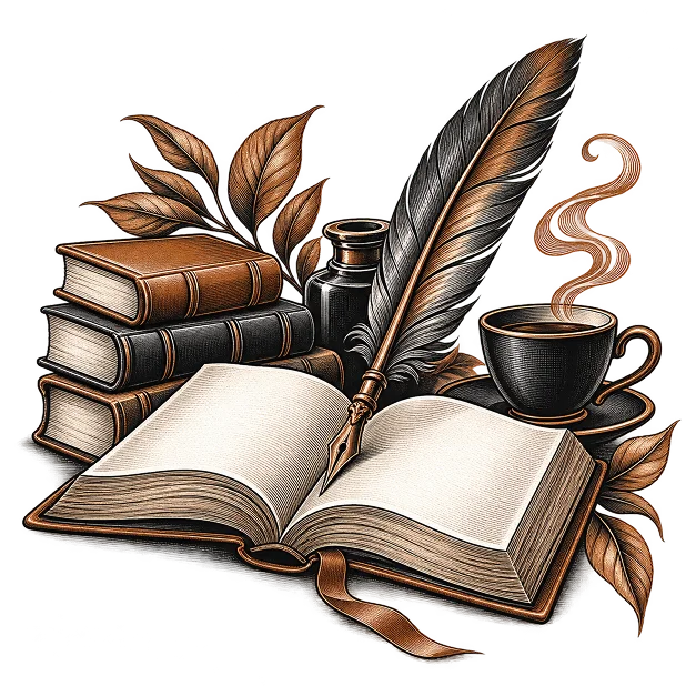 An open book with blank plates, beside bound volumes, a quill and an inkwell