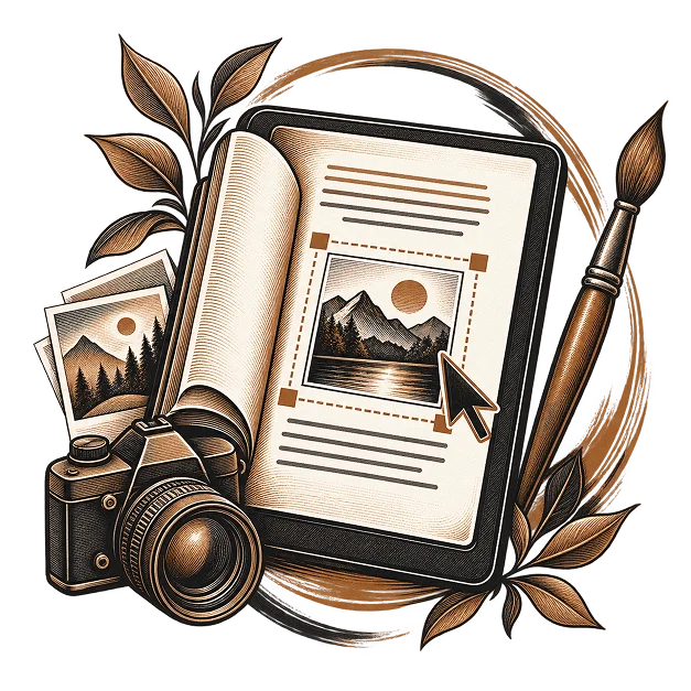A photograph being placed into a page on screen, beside prints and a camera