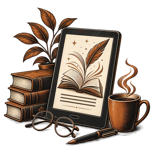 An e-reader showing an open book with a quill, beside printed volumes and reading glasses