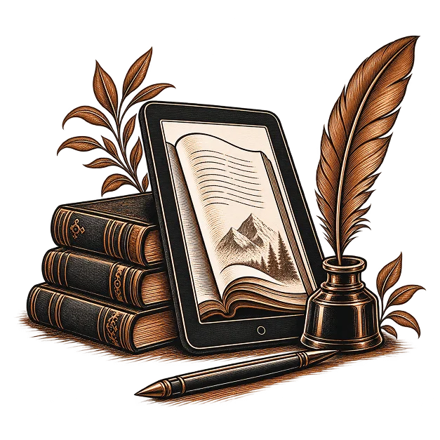 An e-reader showing a page of ruled rows and an image, beside a stack of bound books