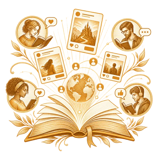 Line illustration of Meta ads for a book campaign