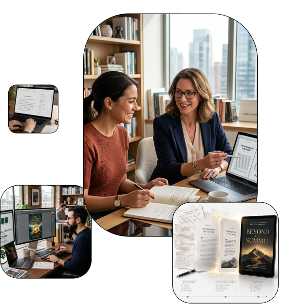 Winfrey Publishing team at work, framed inside the WP monogram