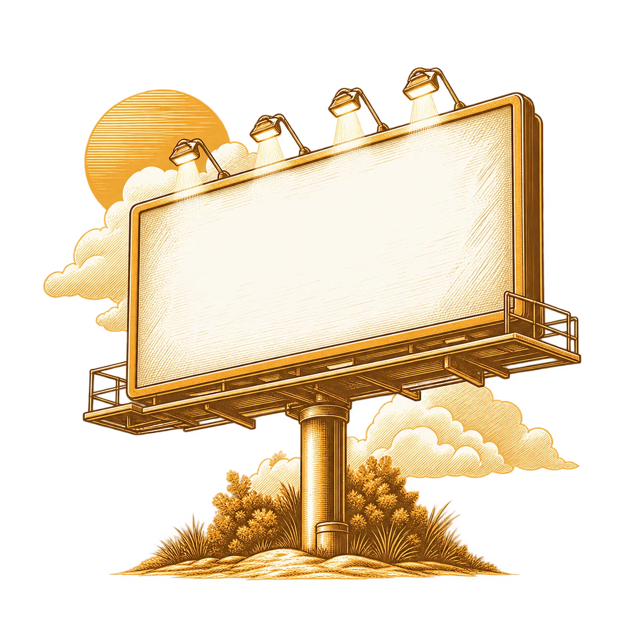 A blank roadside billboard drawn against a low sun and clouds