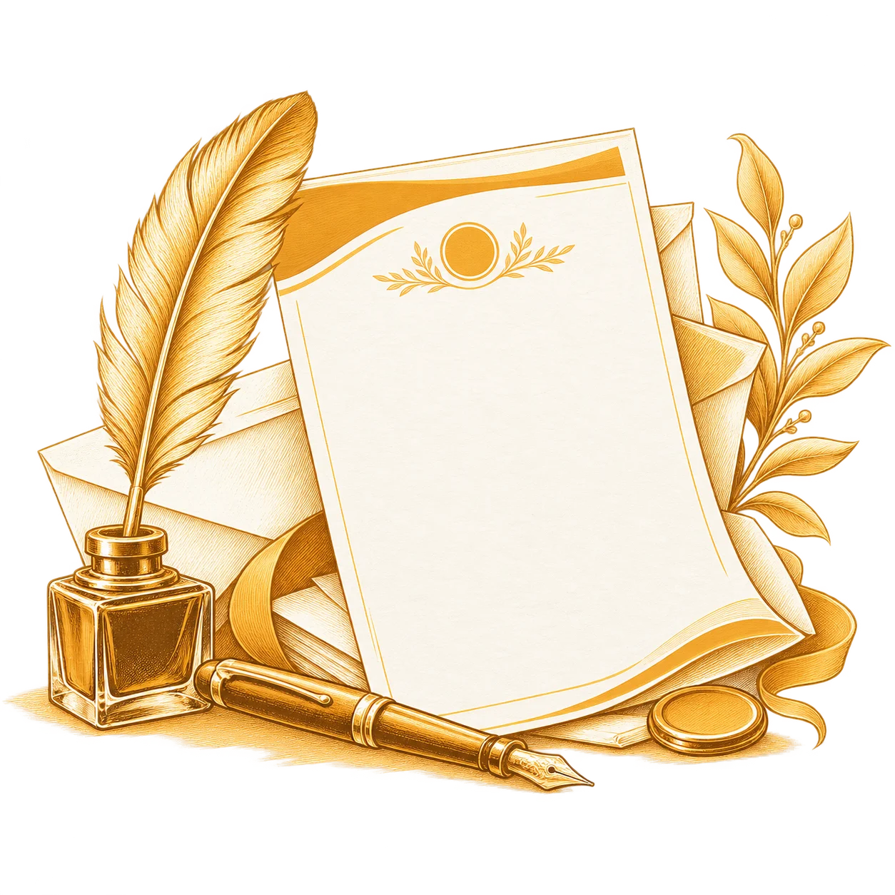 A letterhead sheet drawn with a quill, an inkwell and a fountain pen