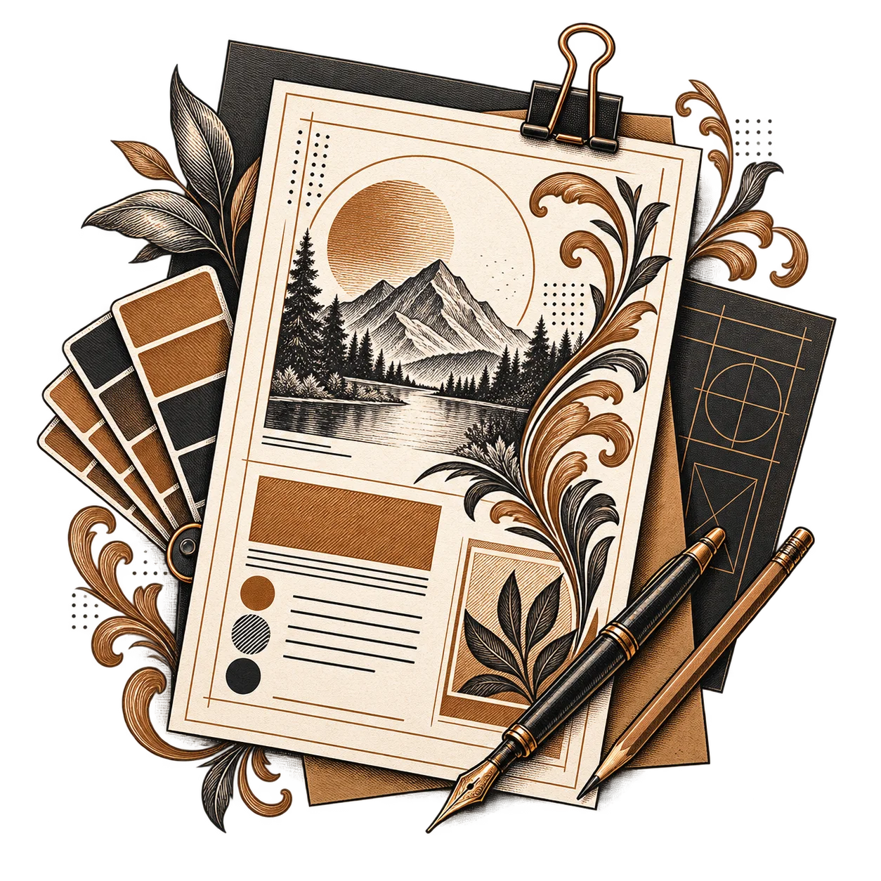 A book flyer laid out on screen beside printed proofs