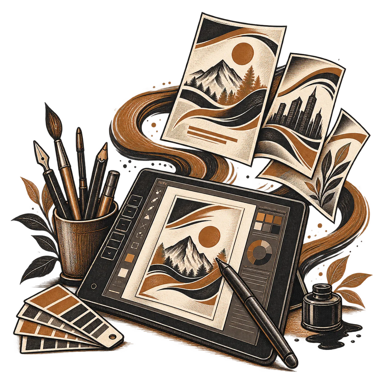 A designer laying out a book flyer on screen