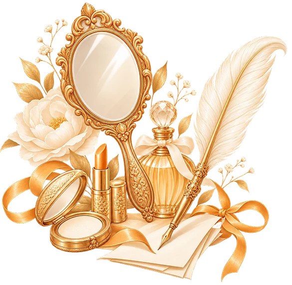 A gilded hand mirror with a peony, perfume bottle, lipstick, powder compacts and a quill on loose pages