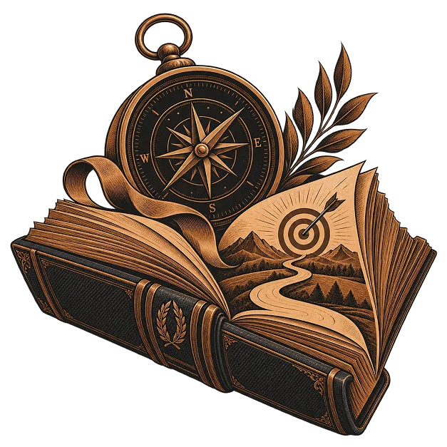 An open book with a compass above it and a target and winding path drawn across its pages