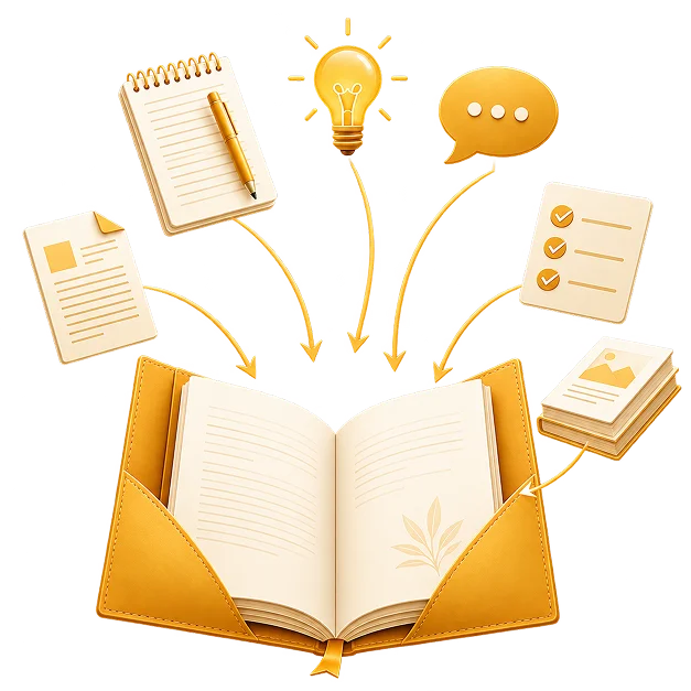 Notes, a document, a checklist and a photo book flowing into an open journal beneath a lightbulb