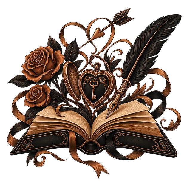 An open book with roses, a heart-shaped locket and key, a quill pen and an arrow above it