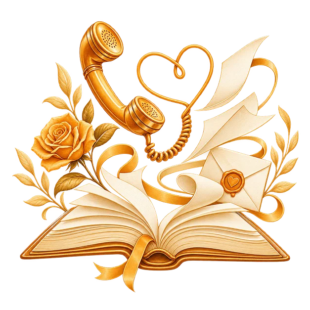 An open book with a rose, a telephone handset whose cord loops into a heart, and a sealed envelope