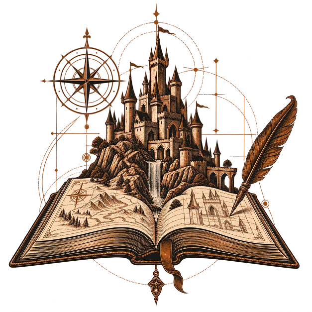An open book showing a hand-drawn map and castle elevation, with a compass rose and quill pen