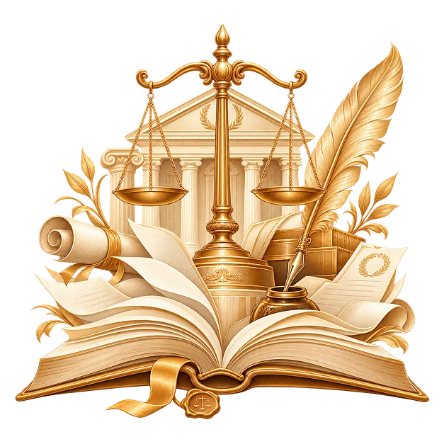 An open book with gold scales of justice before a columned courthouse, a scroll and a quill in an inkwell