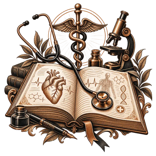 An open medical book showing an anatomical heart and DNA, with a microscope, caduceus and stethoscope