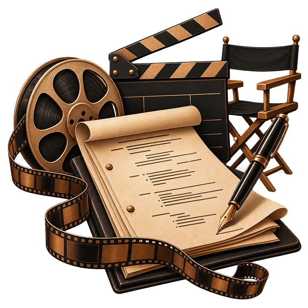 A script on a leather folio with a film reel, a clapperboard, a director's chair and a fountain pen
