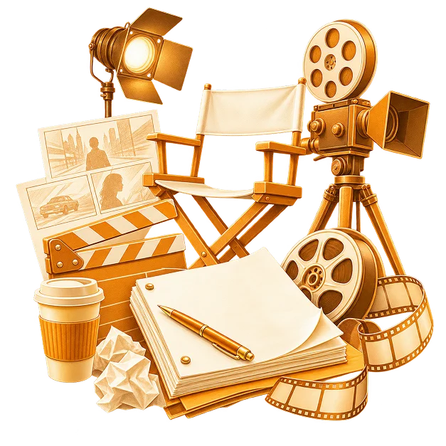 A stack of blank pages and a pen among a clapperboard, storyboards, a camera, a chair and a film reel