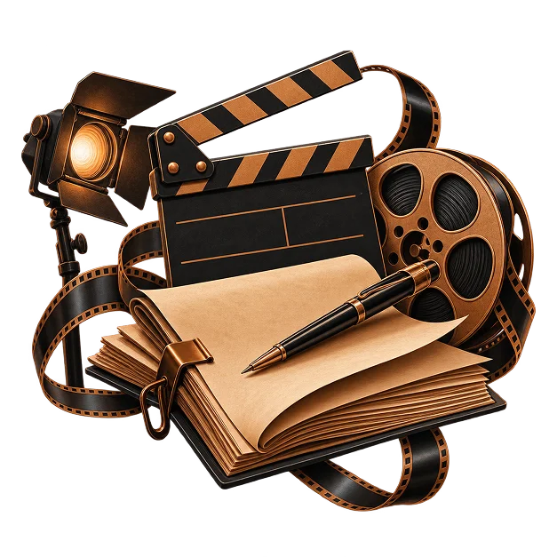Loose script pages and a pen beneath a clapperboard, with a film reel, studio light and reels of film
