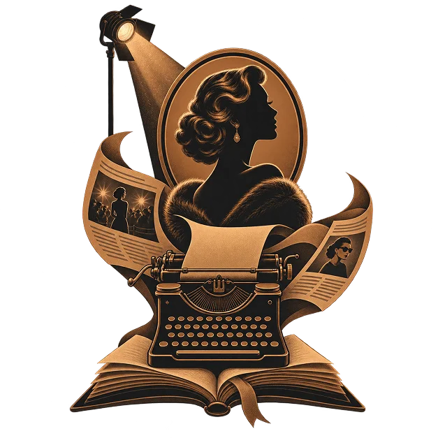 A typewriter on an open book beneath a stage light, a portrait cameo and press clippings