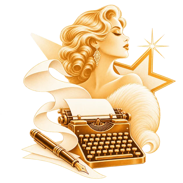 A gold typewriter trailing a ribbon of paper beside a portrait, a star and a fountain pen