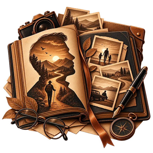 An open album of loose photographs, one page carrying a walker on a mountain path inside a portrait silhouette, with a camera, reading glasses, a pen and a compass