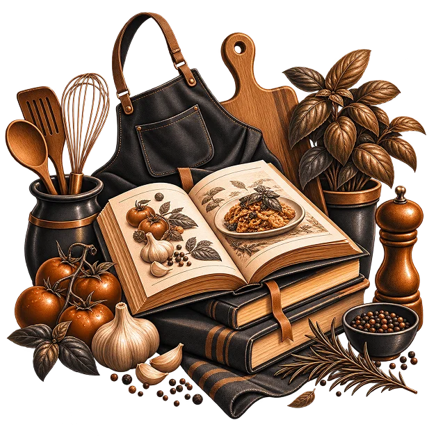 An open recipe book on stacked books before a hanging apron, with a chopping board, a basil plant, wooden utensils, a pepper mill, tomatoes and garlic