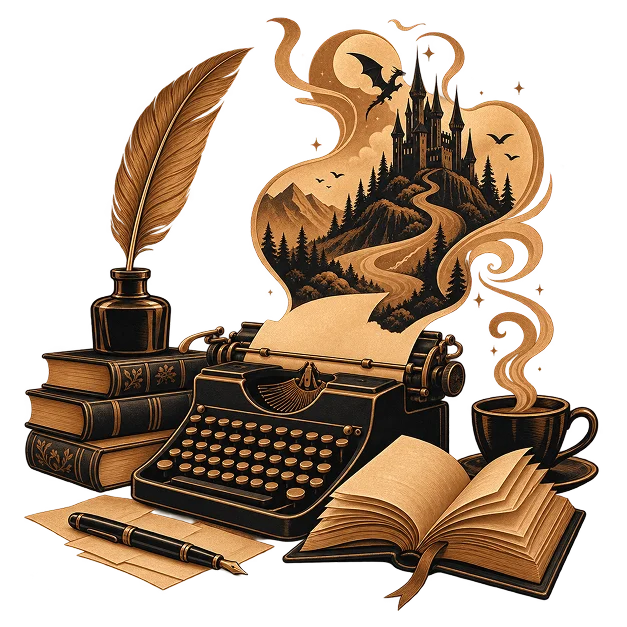 A typewriter whose page carries a castle on a forested mountain, beside stacked books, a quill in an inkwell, loose sheets, a pen and a steaming cup