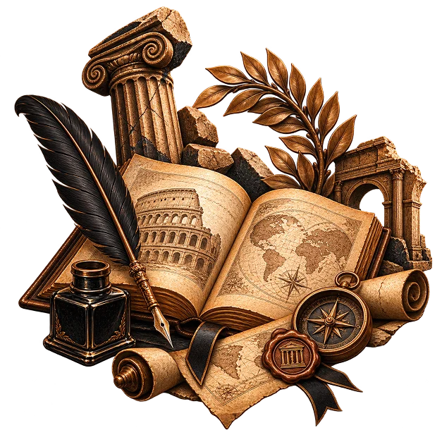 An open book showing an amphitheatre and a world map among a broken column, ruins, a laurel branch, scrolls, a compass, a wax seal and a quill in an inkwell