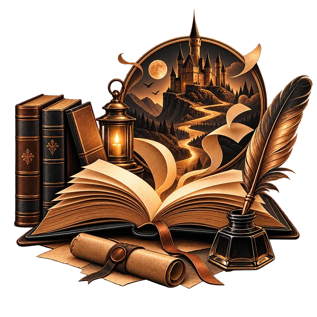 An open book whose pages carry a lantern-lit castle above a winding road under a full moon, with shelved books, a scroll and a quill in an inkwell