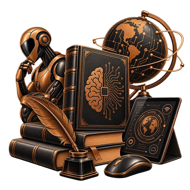 A robot resting its chin on its hand beside a book stamped with a circuit-brain, a circuitry globe on an orbital ring, a tablet, a mouse and a quill in an inkwell