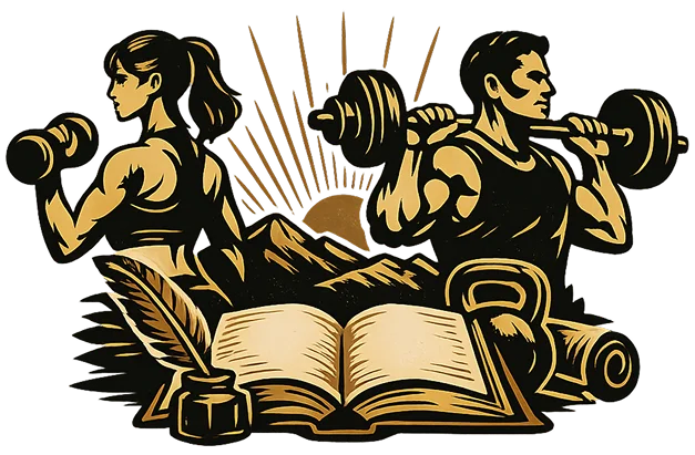 Two lifters with dumbbells and a barbell above an open book, a kettlebell, a rolled mat and a quill in an inkwell