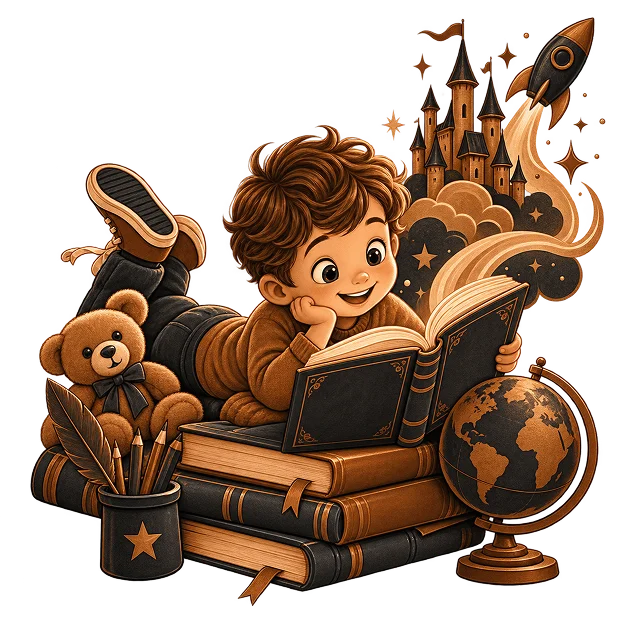 A child lying on a stack of books reading, with a castle and a rocket rising from the pages, a teddy bear, a globe and a jar of pencils
