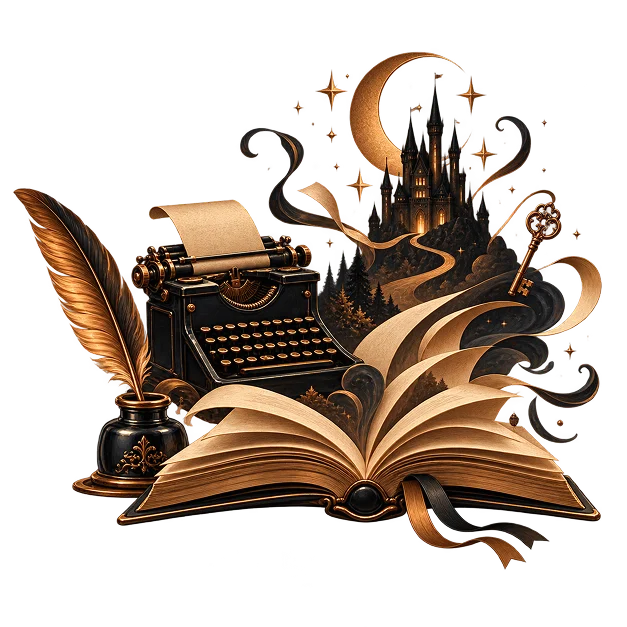 An open book with a castle, a crescent moon and an ornate key rising from its pages, beside a typewriter and a quill in an inkwell