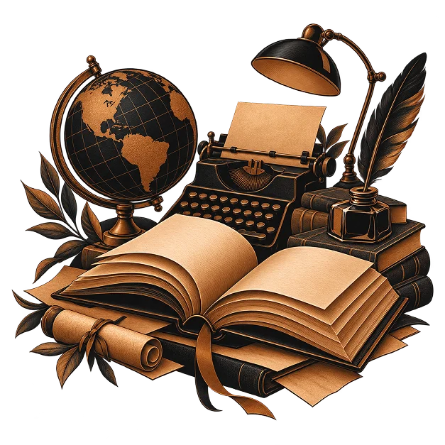 A typewriter with a blank sheet between a globe and a desk lamp, above open and stacked books, a scroll and a quill in an inkwell
