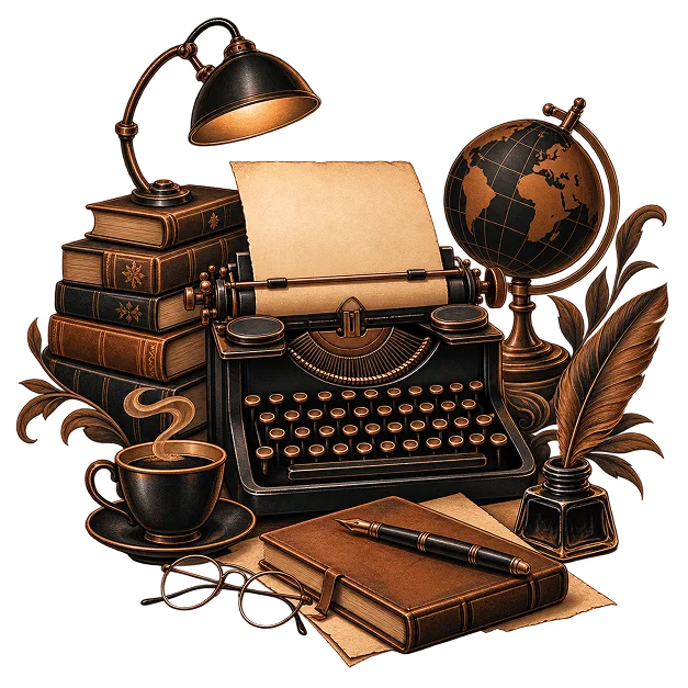 A typewriter with a blank page under a desk lamp, beside stacked books, a globe, a coffee cup, reading glasses, a notebook and a pen
