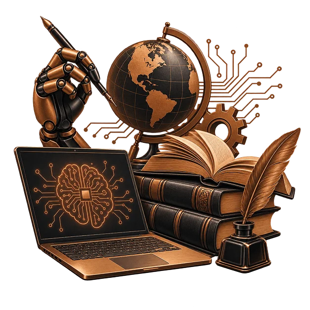 A robotic hand holding a pen beside a globe, a circuit board pattern and a gear, above a laptop showing a circuit-brain and a stack of books