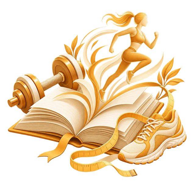 A runner rising from the pages of an open book, with a dumbbell, a running shoe and a tape measure around it